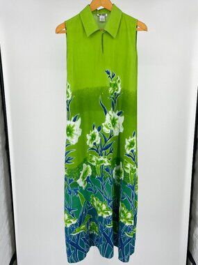 Vintage 90s Dee Dees Lime Green Ombre Floral Maxi Dress Tropical Resort Rayon S